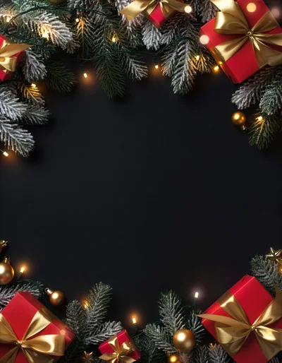 Christmas Gift Boxes and Pine Branches on Black Background