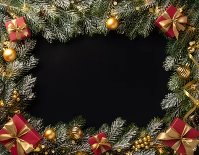 Christmas Wreath Frame With Red Gifts And Gold Ornaments