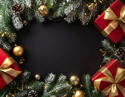 Christmas Gift Boxes and Ornaments on Black Background