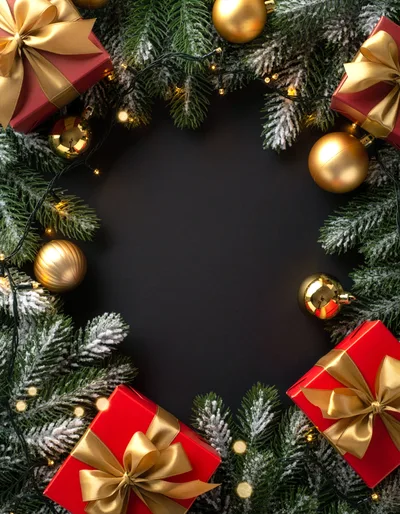 Christmas Holiday Frame With Red Gifts And Ornaments