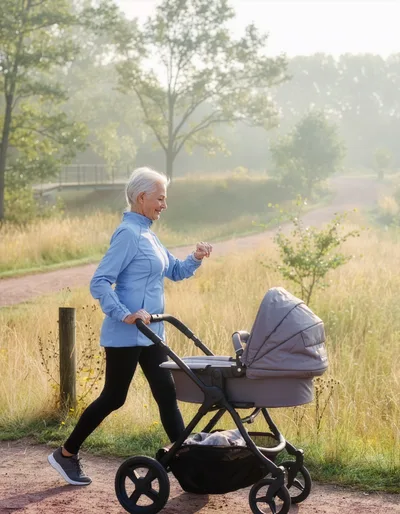 Senior Woman Walking With Stroller In Morning Park