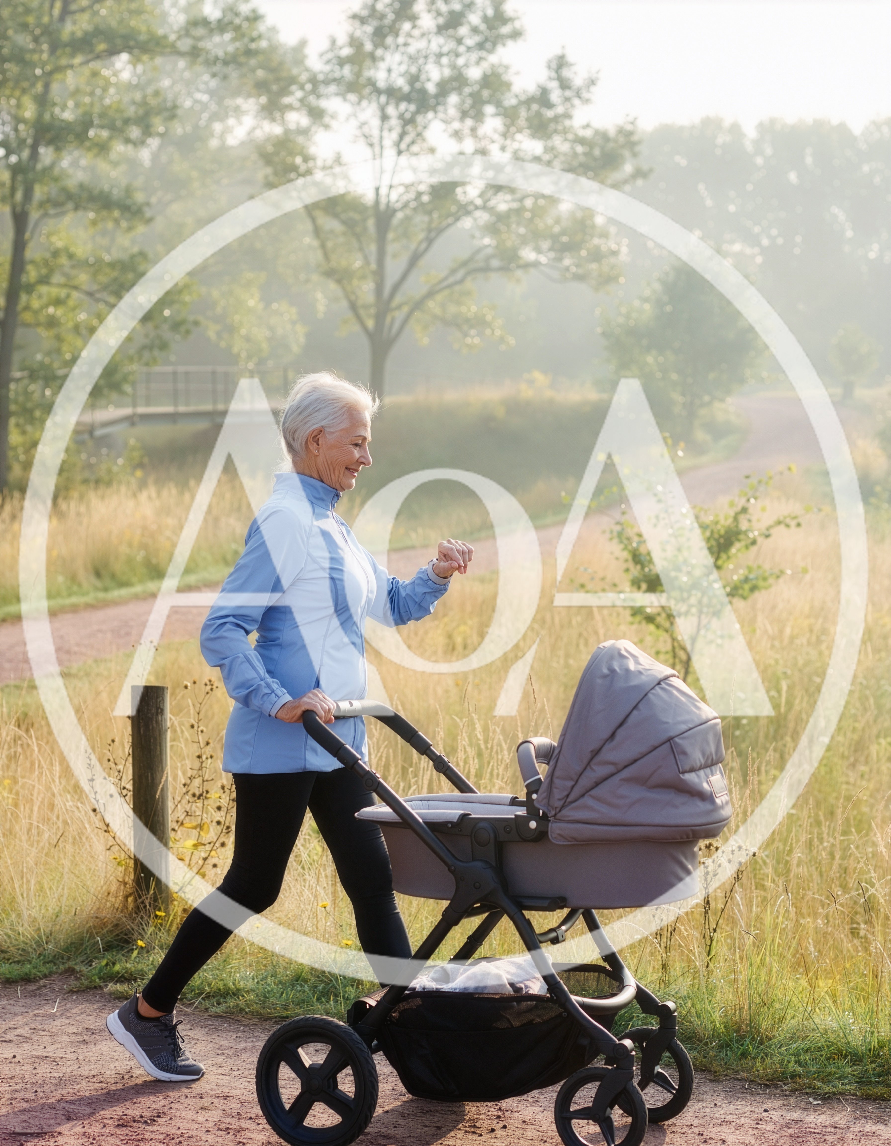 Senior Woman Walking With Stroller In Morning Park