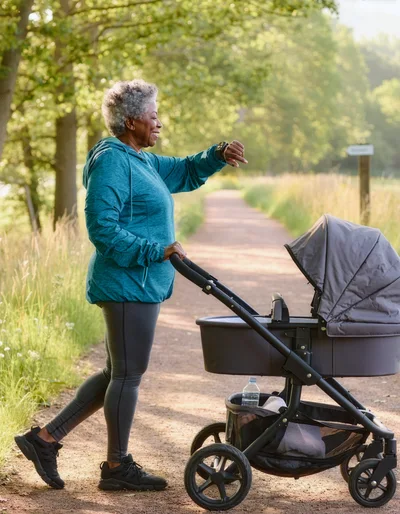 Senior Woman Walking With Baby Stroller Outdoors