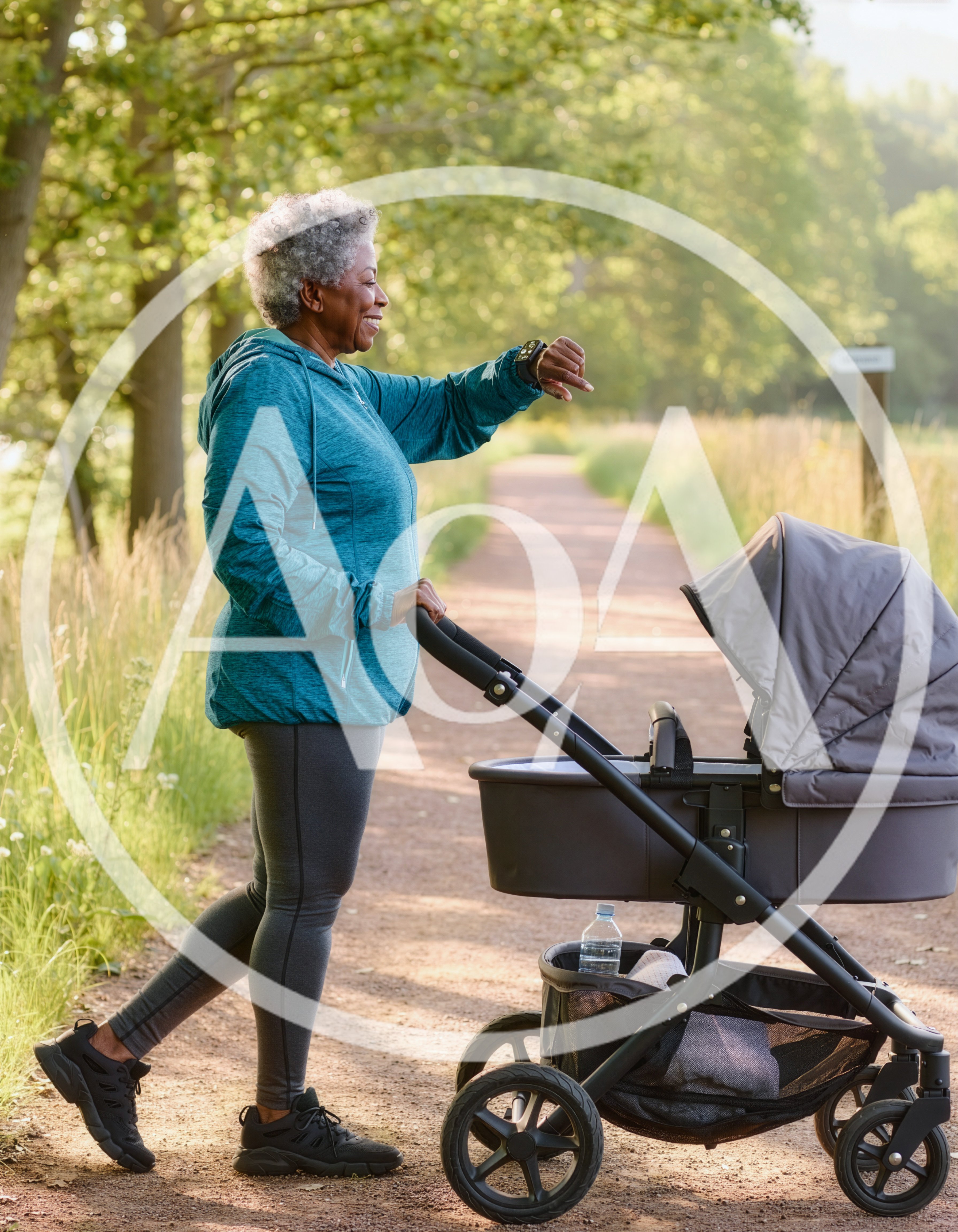 Senior Woman Walking With Baby Stroller Outdoors