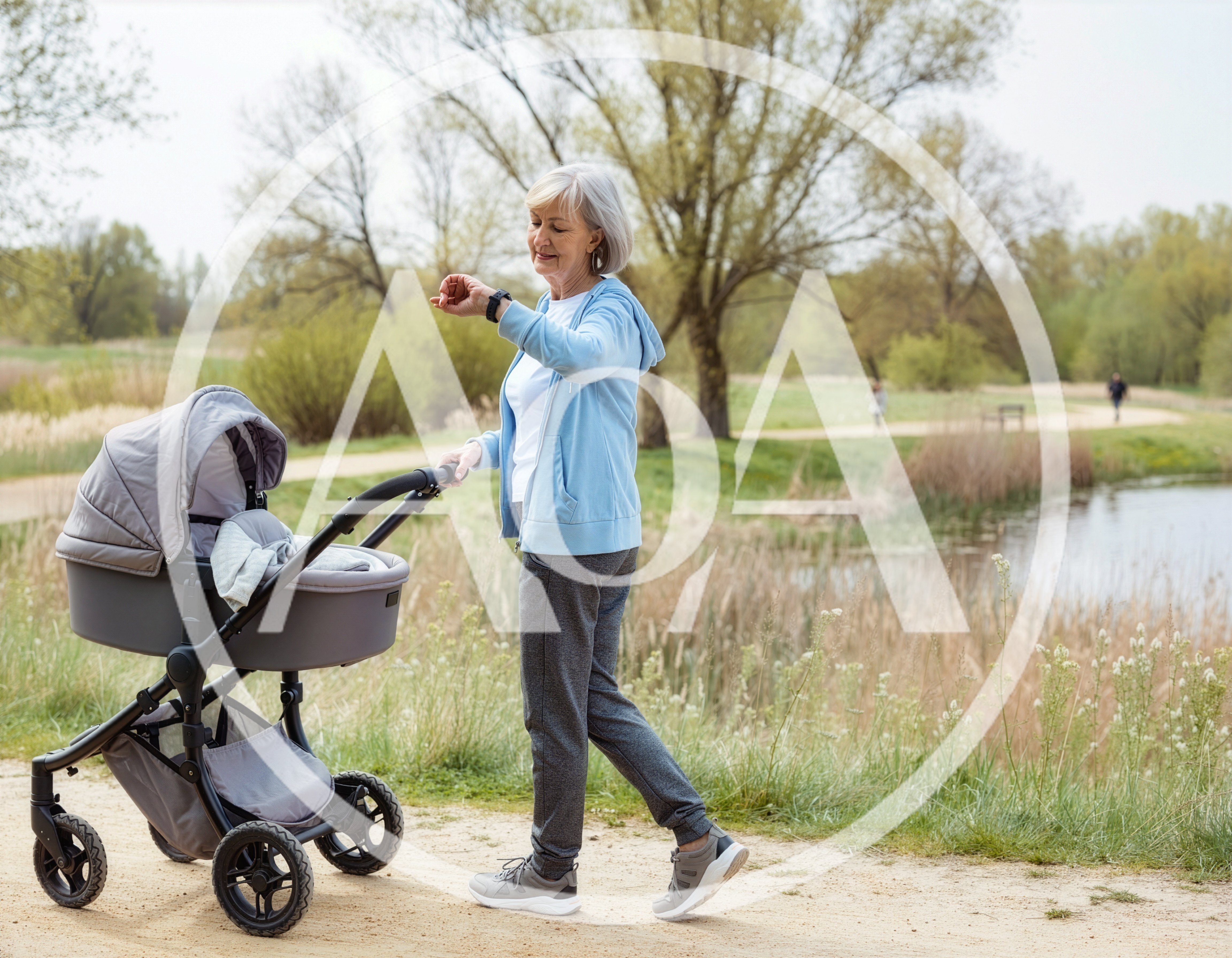 Senior Woman Walking With Baby Stroller In Park