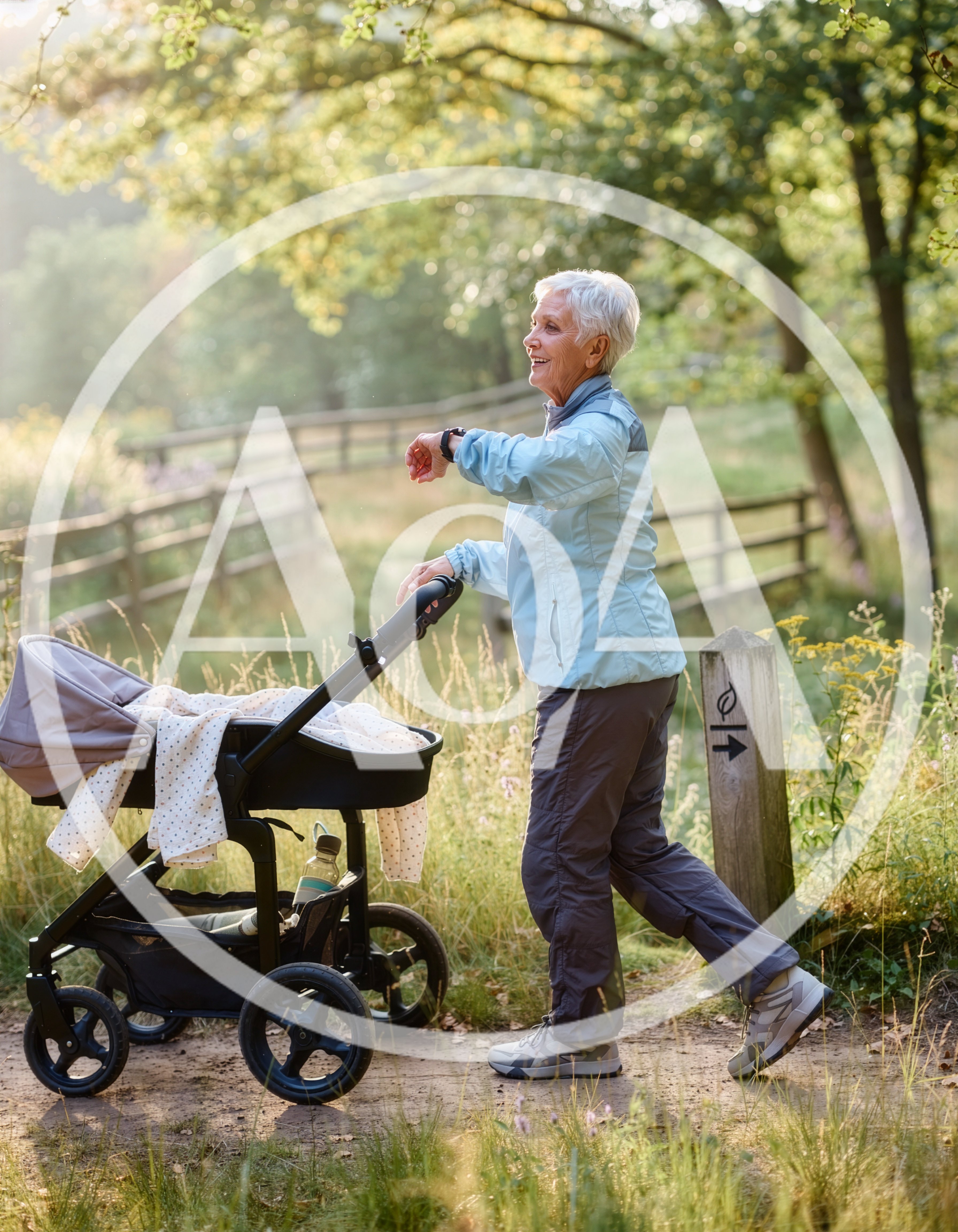 Senior Woman Walking With Baby Stroller In Park
