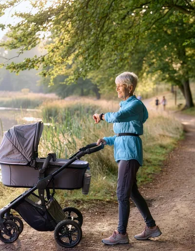 Senior Woman Walking With Baby Stroller In Park