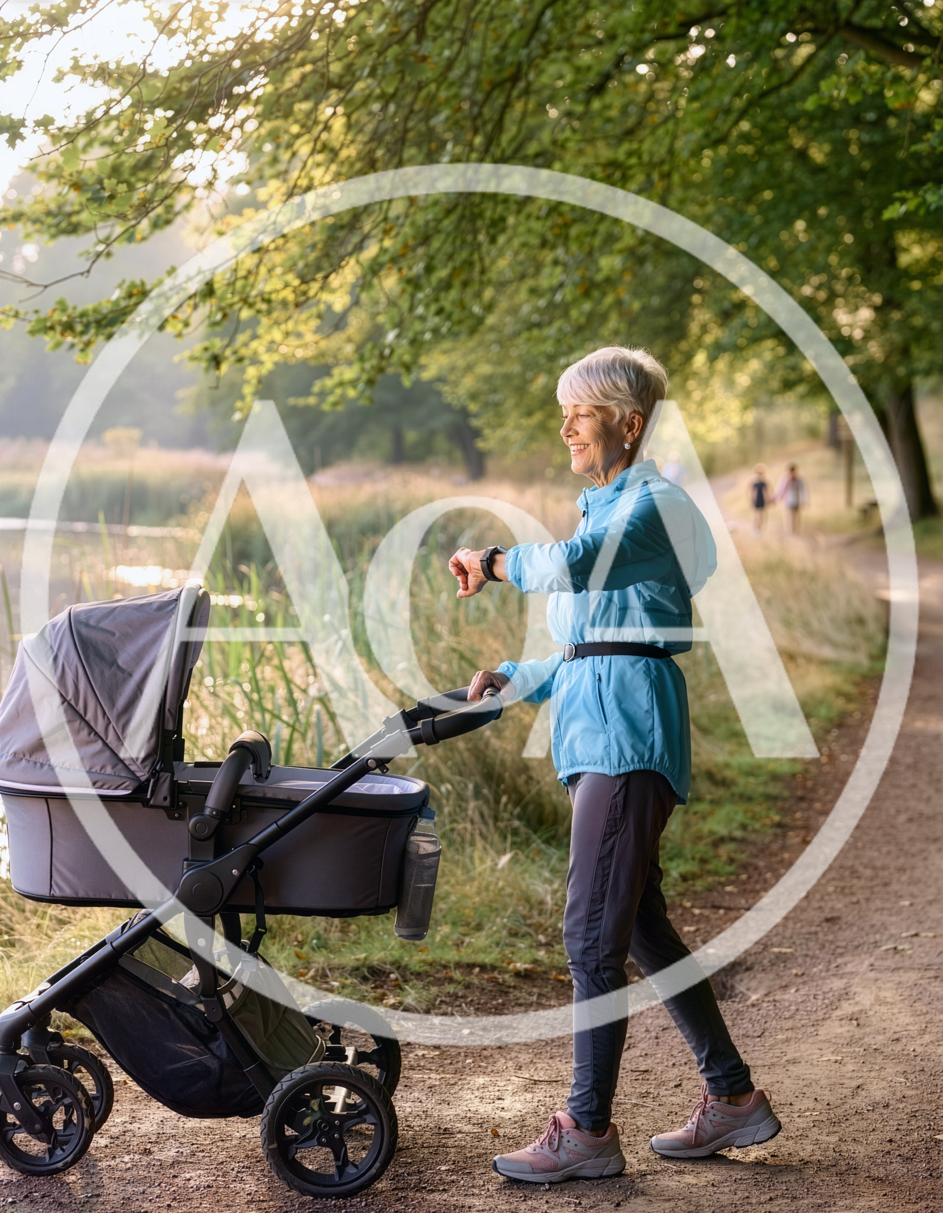 Senior Woman Walking With Baby Stroller In Park