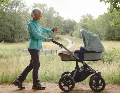 Senior Woman Walking With Baby Stroller In Park