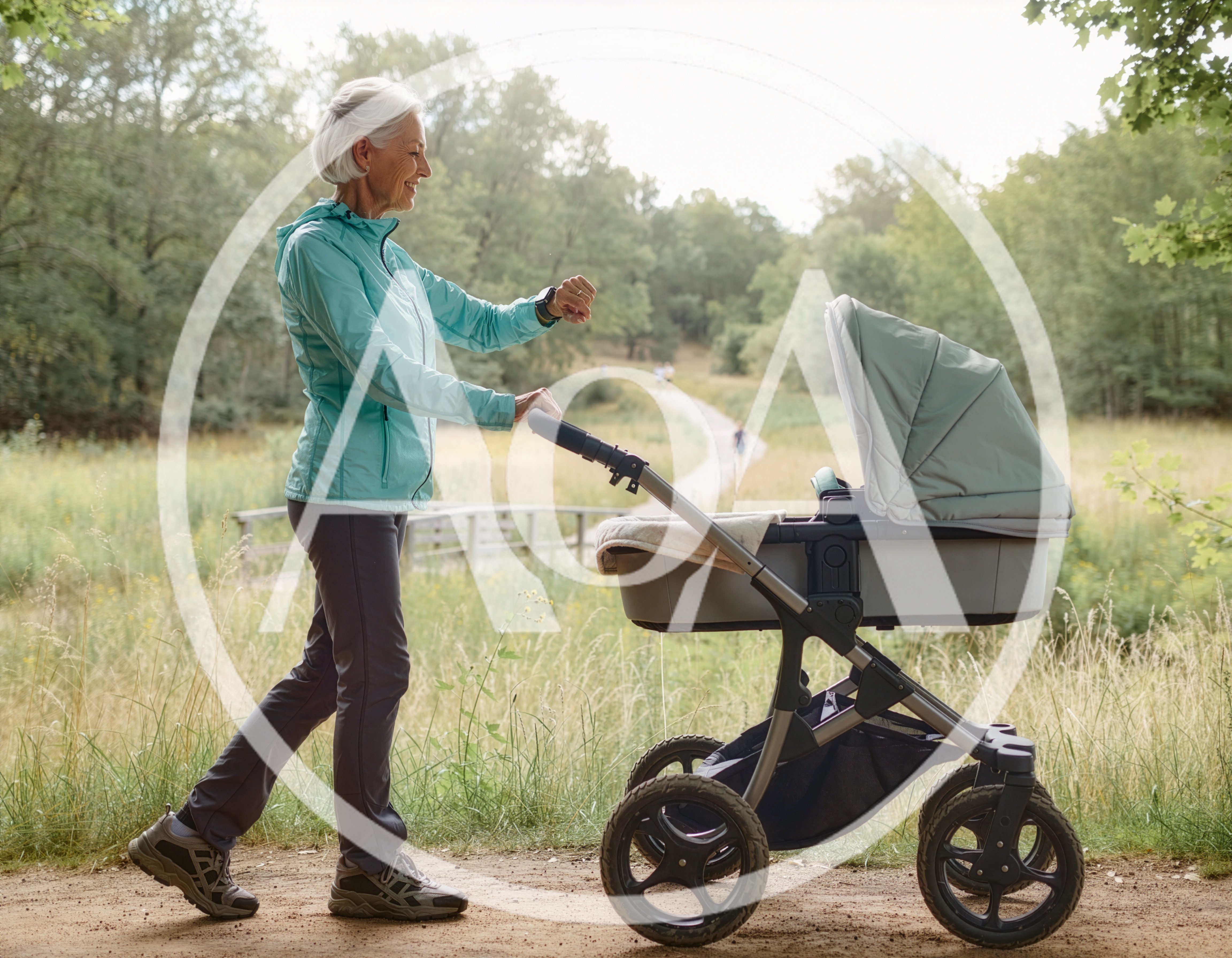 Senior Woman Walking With Baby Stroller In Park