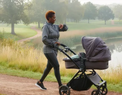 Mature Woman Walking With Stroller In Park