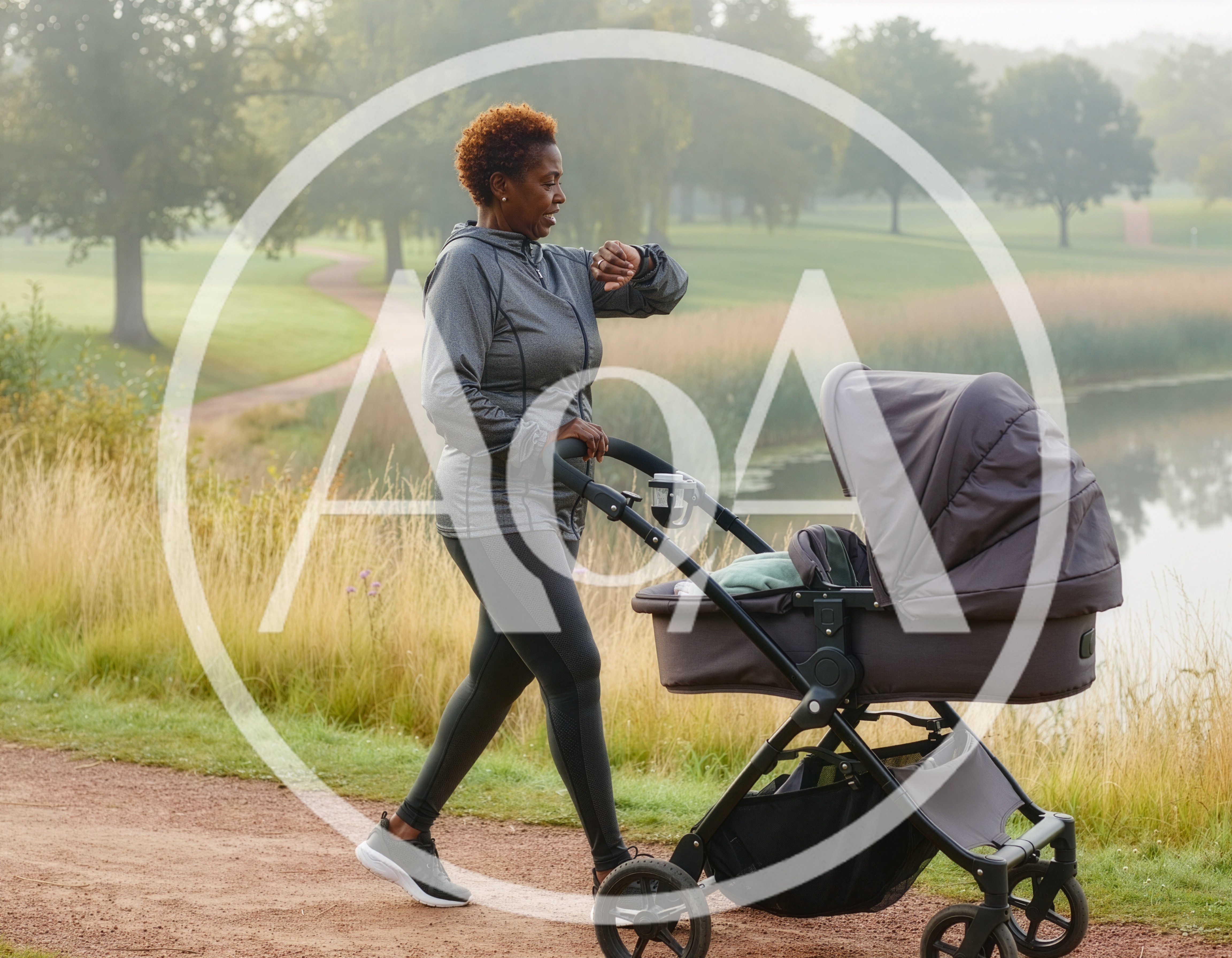 Mature Woman Walking With Stroller In Park