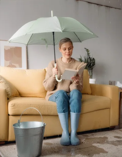 Woman Reading Book Under Umbrella During Indoor Leak