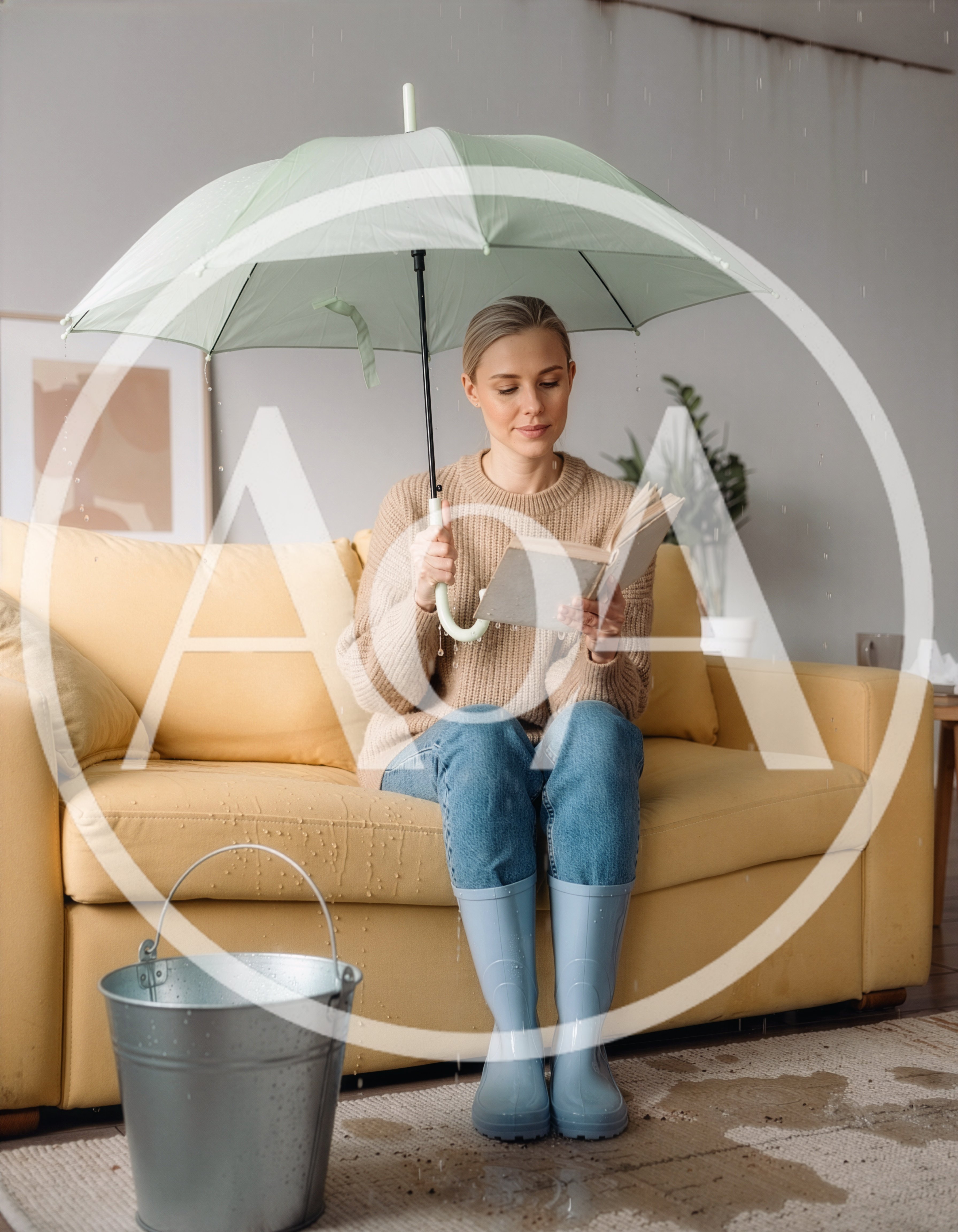 Woman Reading Book Under Umbrella During Indoor Leak