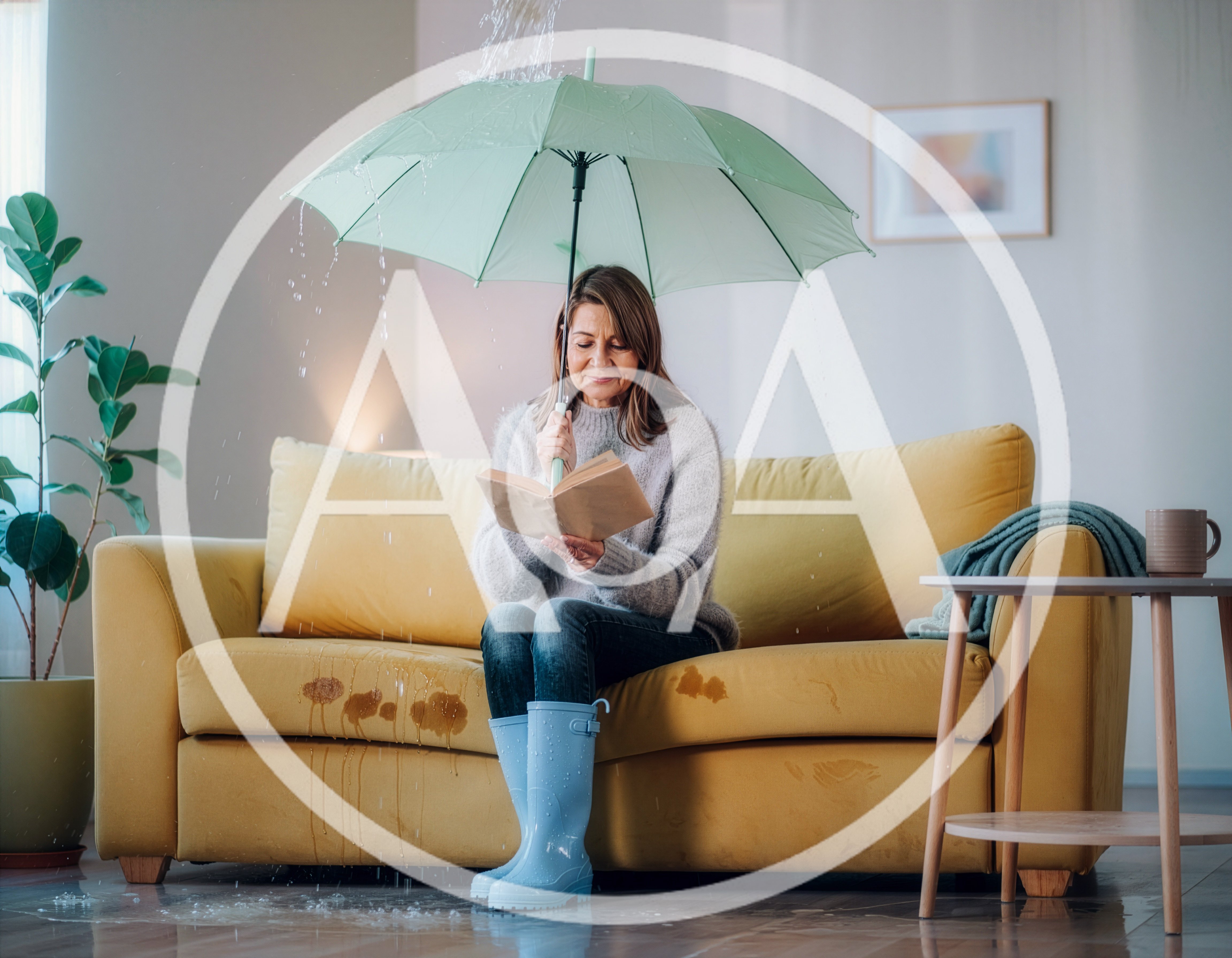 Mature Woman Reading Under Umbrella During Indoor Leak