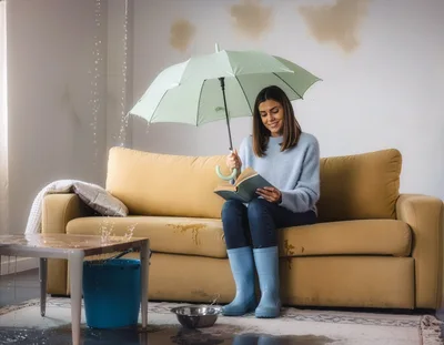 Woman Reading Book Under Umbrella During Indoor Leak