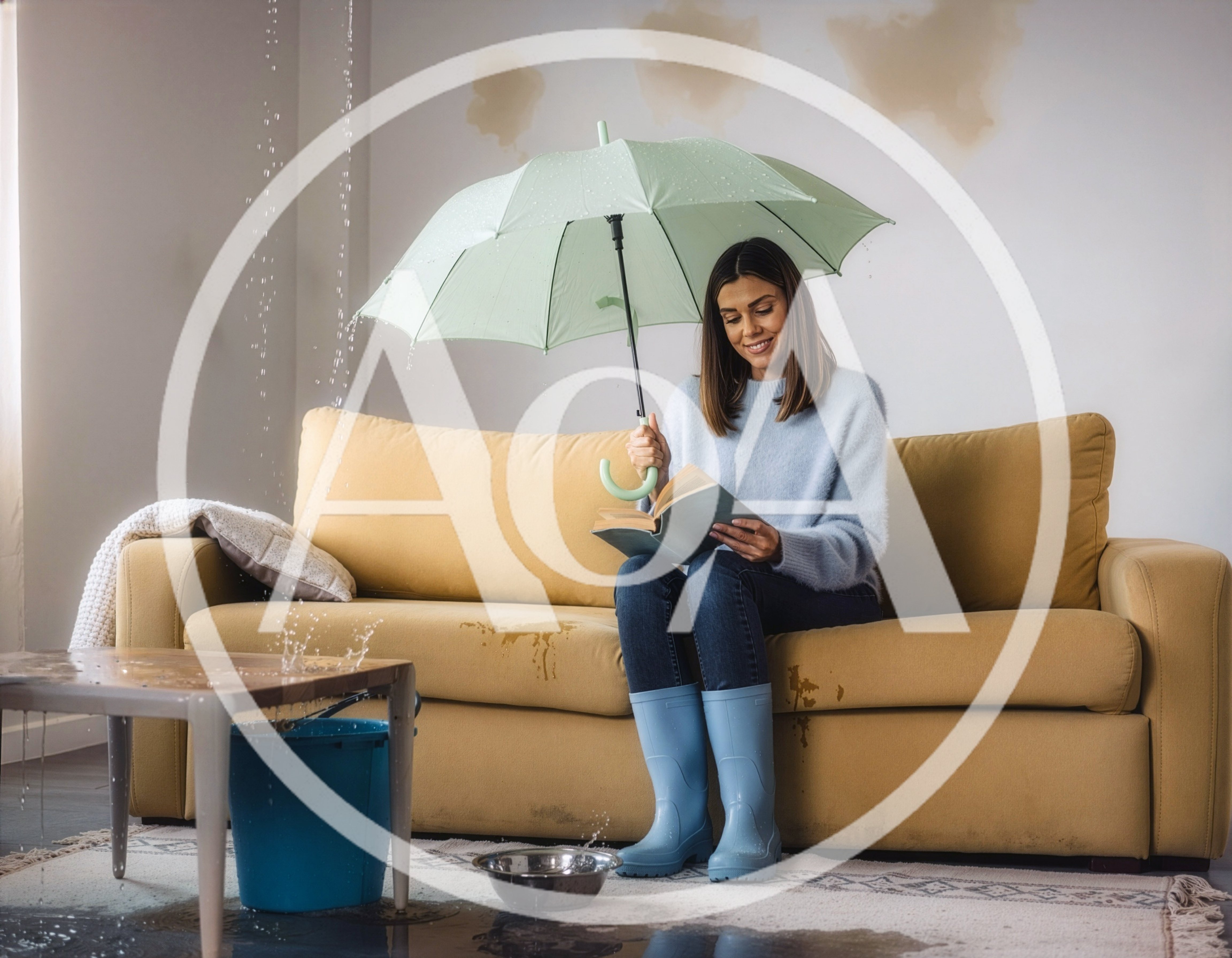Woman Reading Book Under Umbrella During Indoor Leak