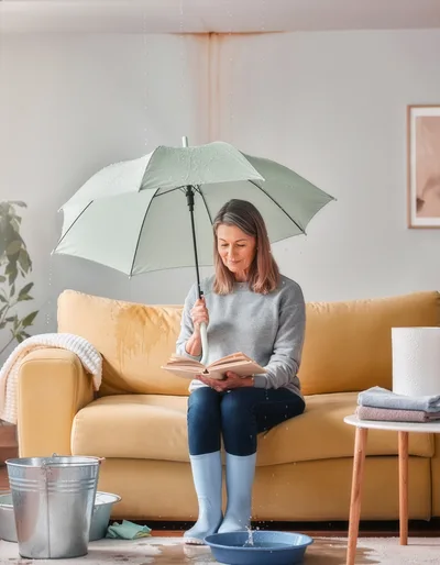 Mature Woman Reading Under Umbrella During Indoor Ceiling Leak