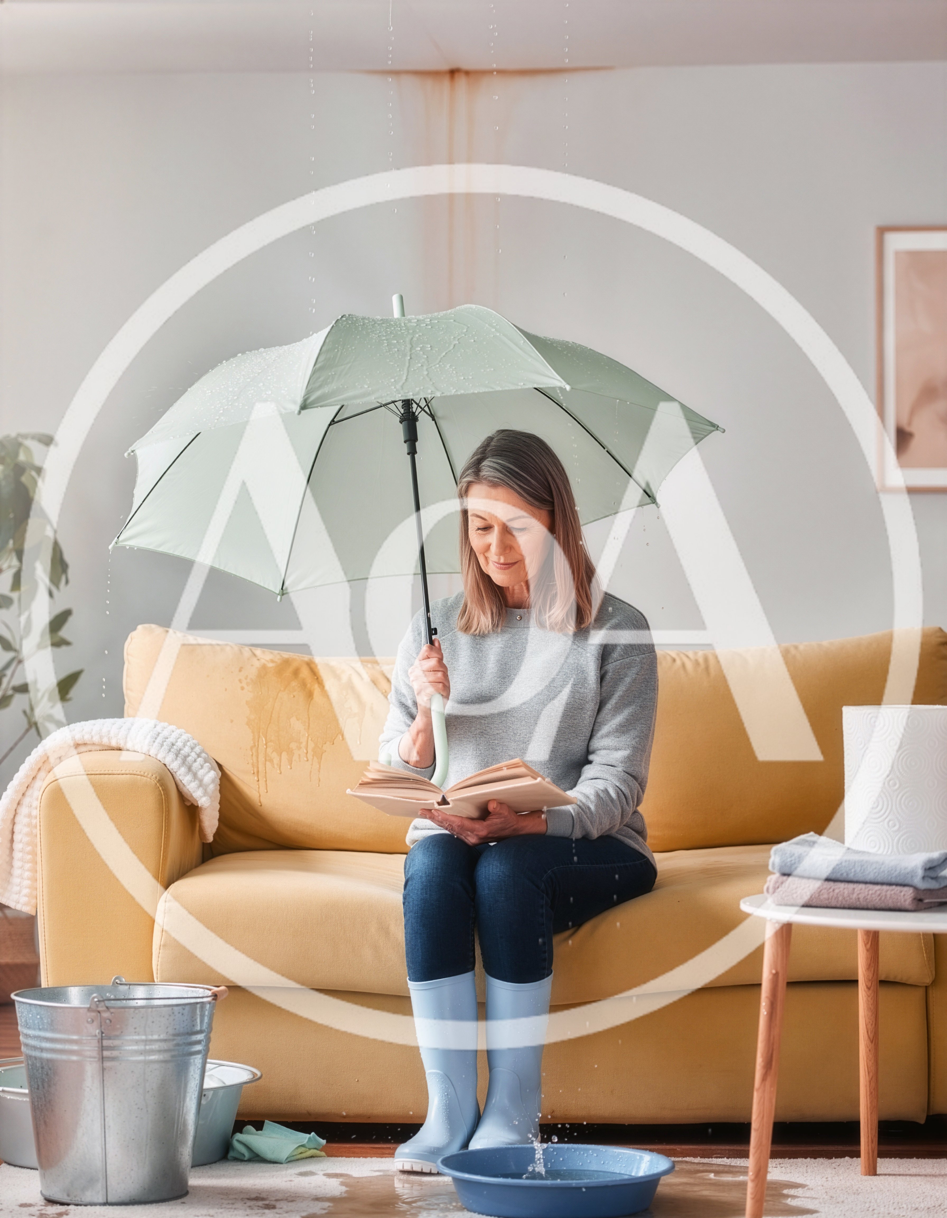 Mature Woman Reading Under Umbrella During Indoor Ceiling Leak