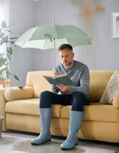 Man Reading Book Under Umbrella During Indoor Leak