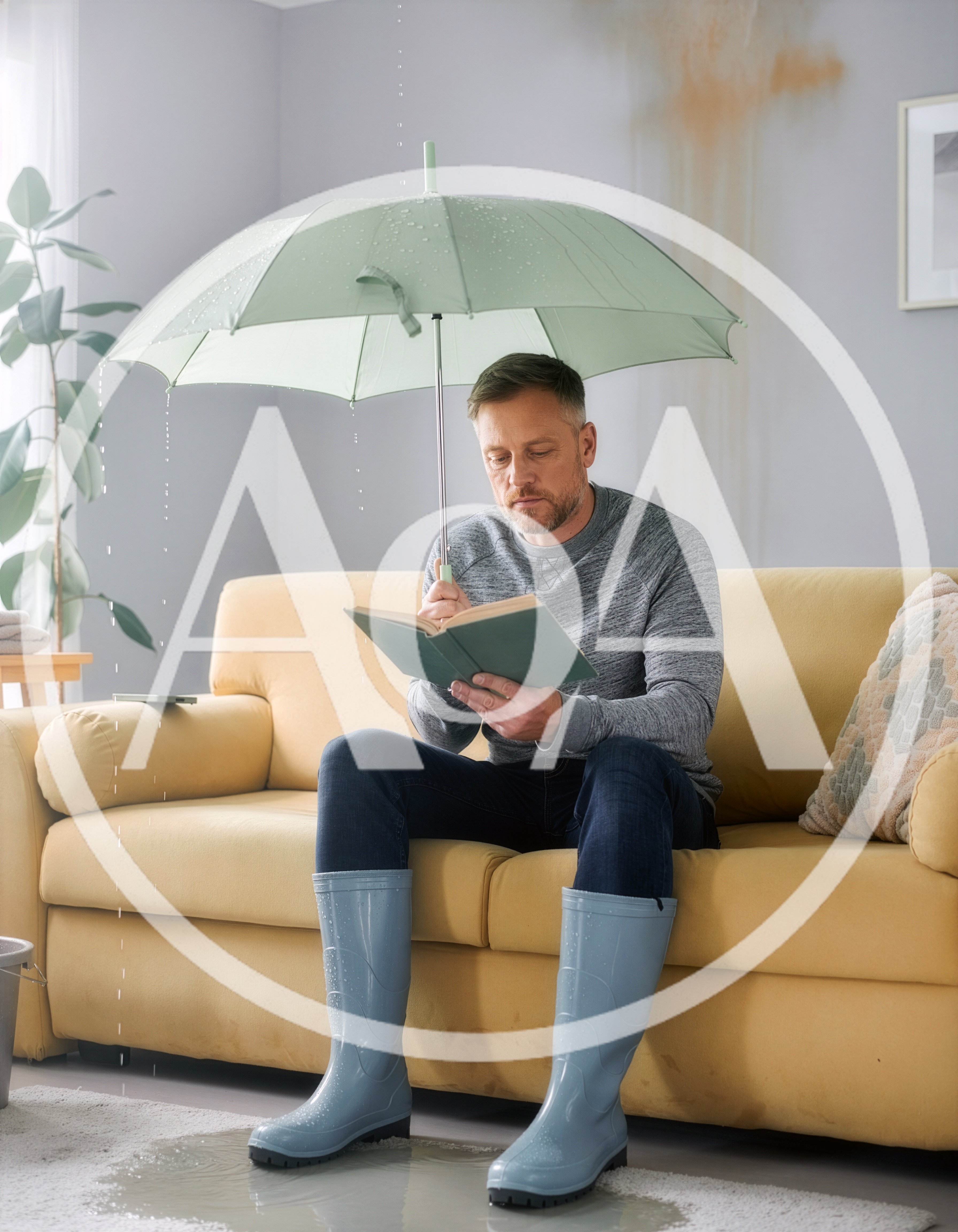 Man Reading Book Under Umbrella During Indoor Leak