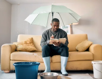 Man Reading Book Under Umbrella During Indoor Leak