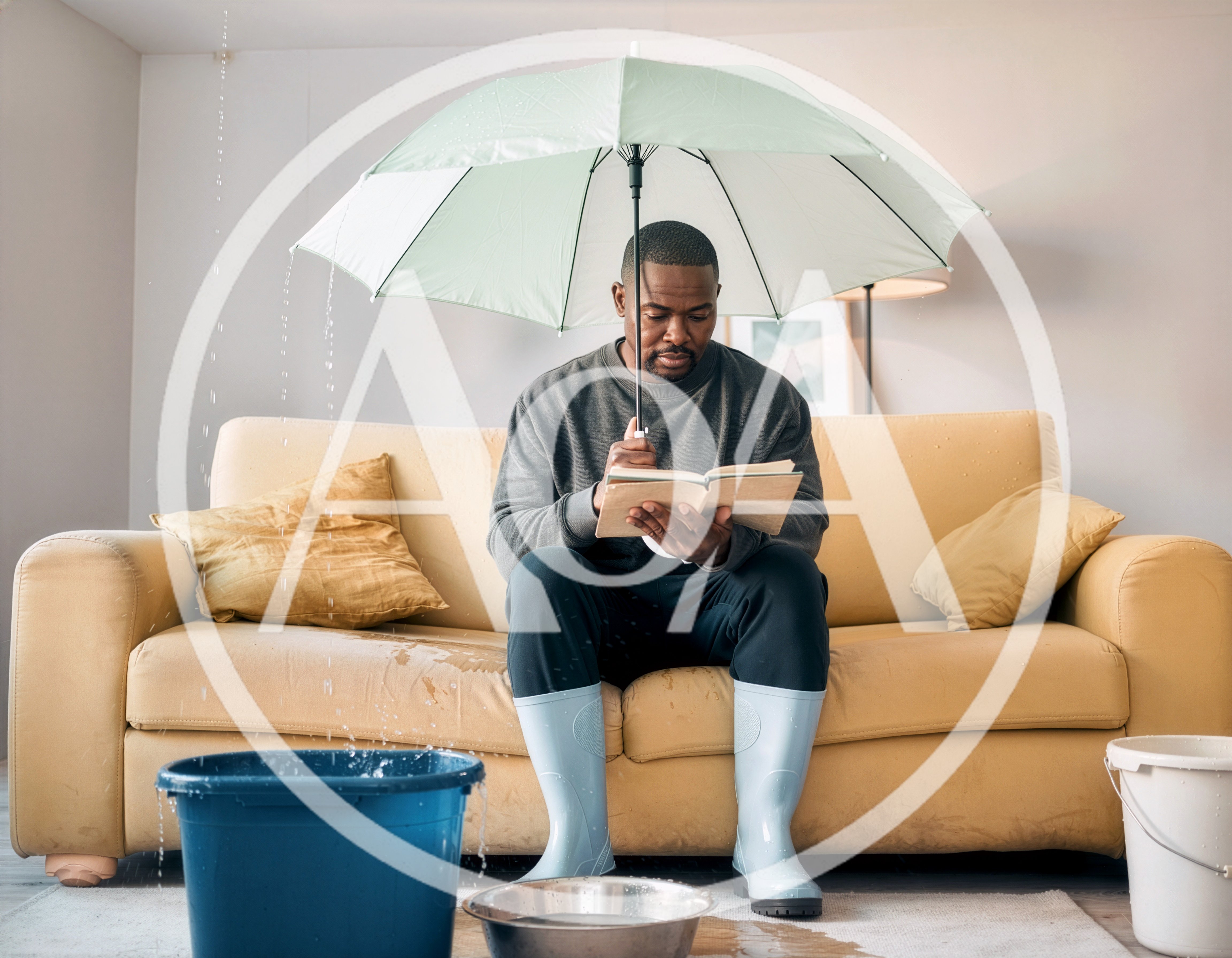 Man Reading Book Under Umbrella During Indoor Leak