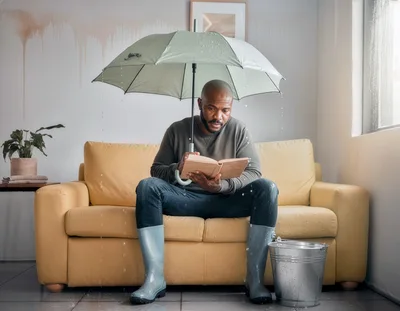 Man Reading Book Under Umbrella During Indoor Leak
