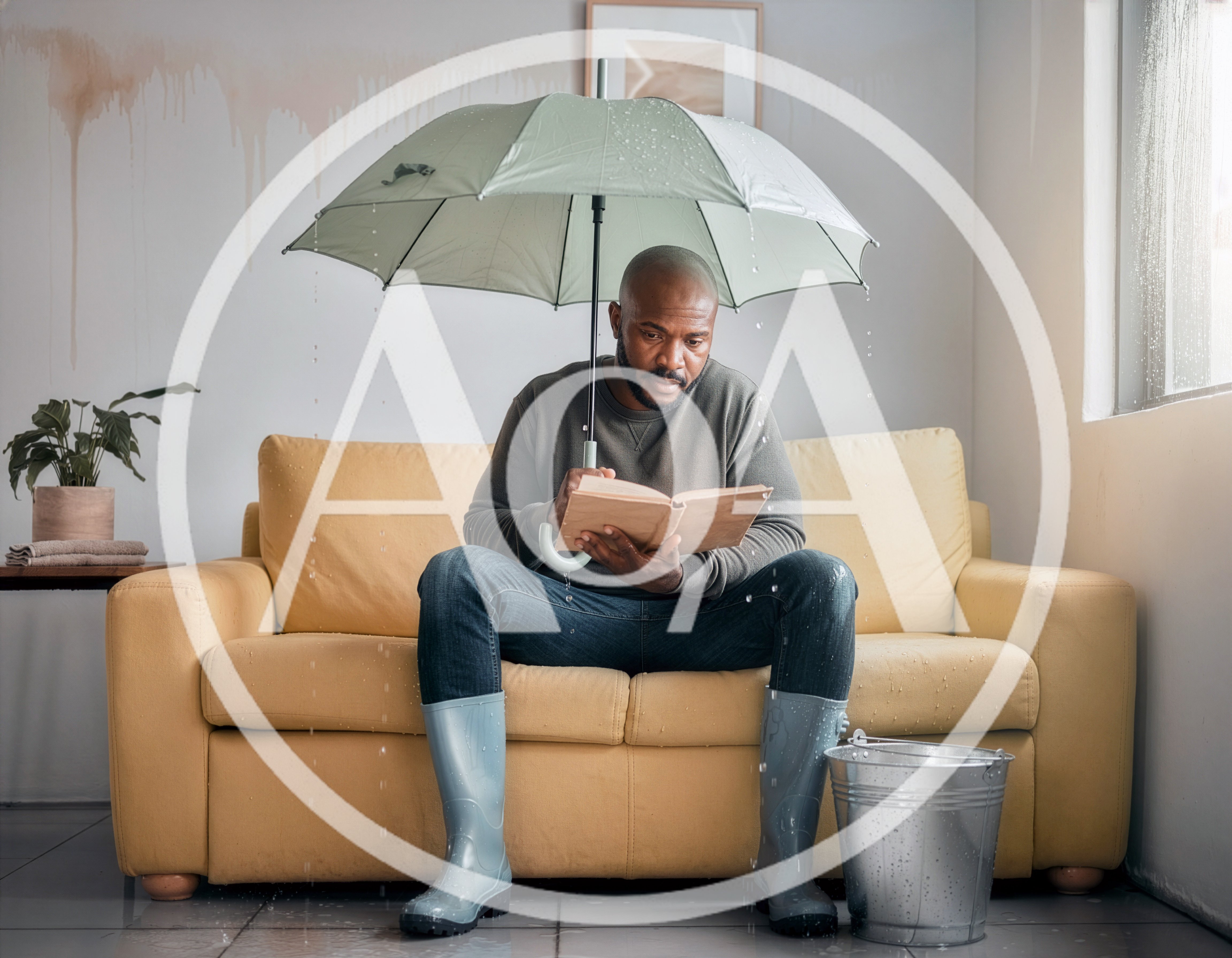 Man Reading Book Under Umbrella During Indoor Leak