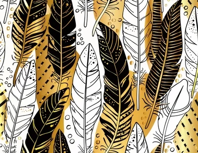Seamless Pattern With Decorative Gold And Black Feathers