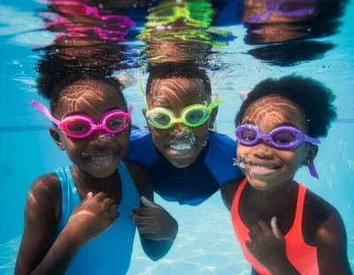 Three Children Swimming Underwater In A Pool