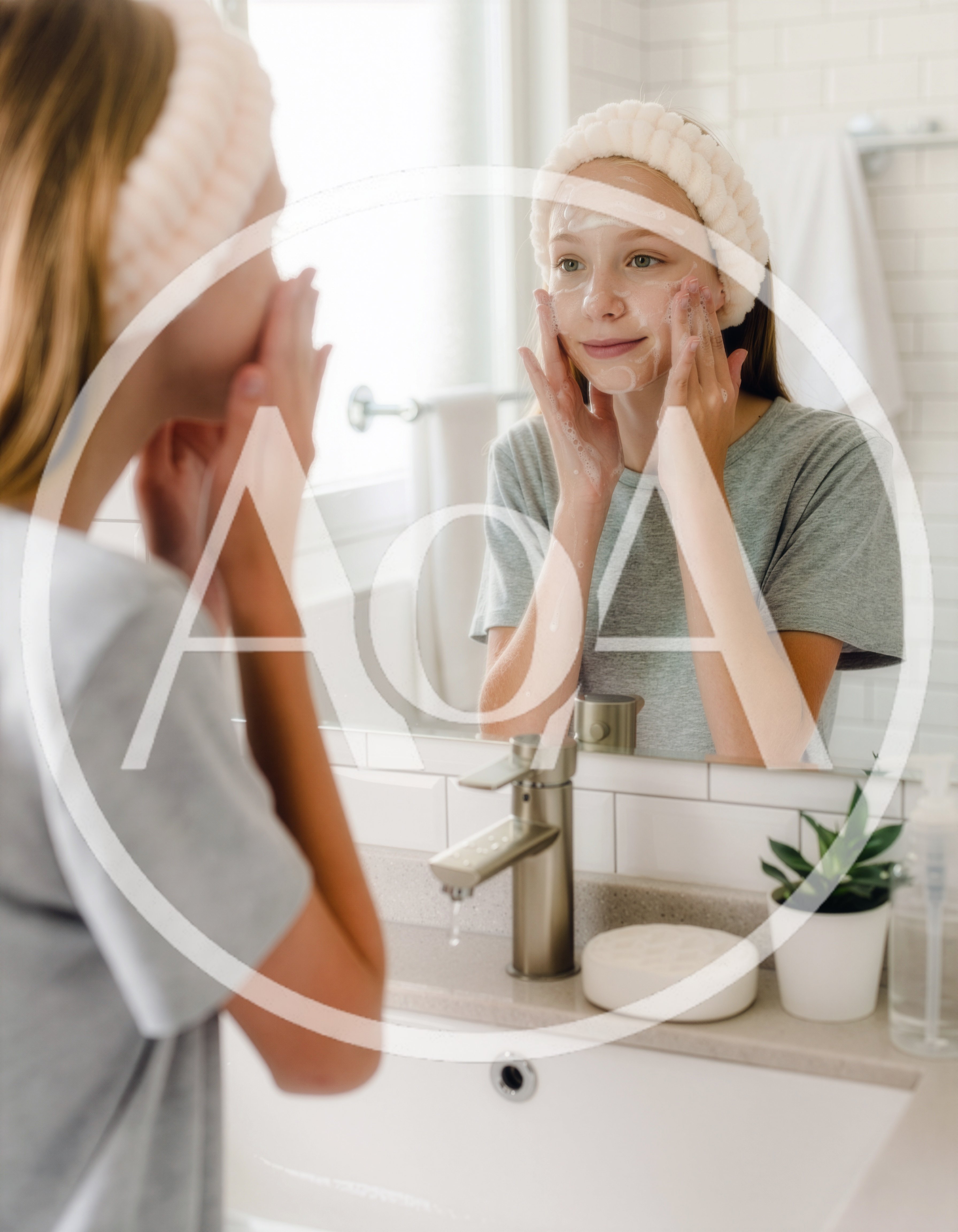 A teenage girl cleans her face with a facial cleanser in front of a mirror in a bright bathroom. Her face is lightly covered in foam, and she is wearing a soft headband.