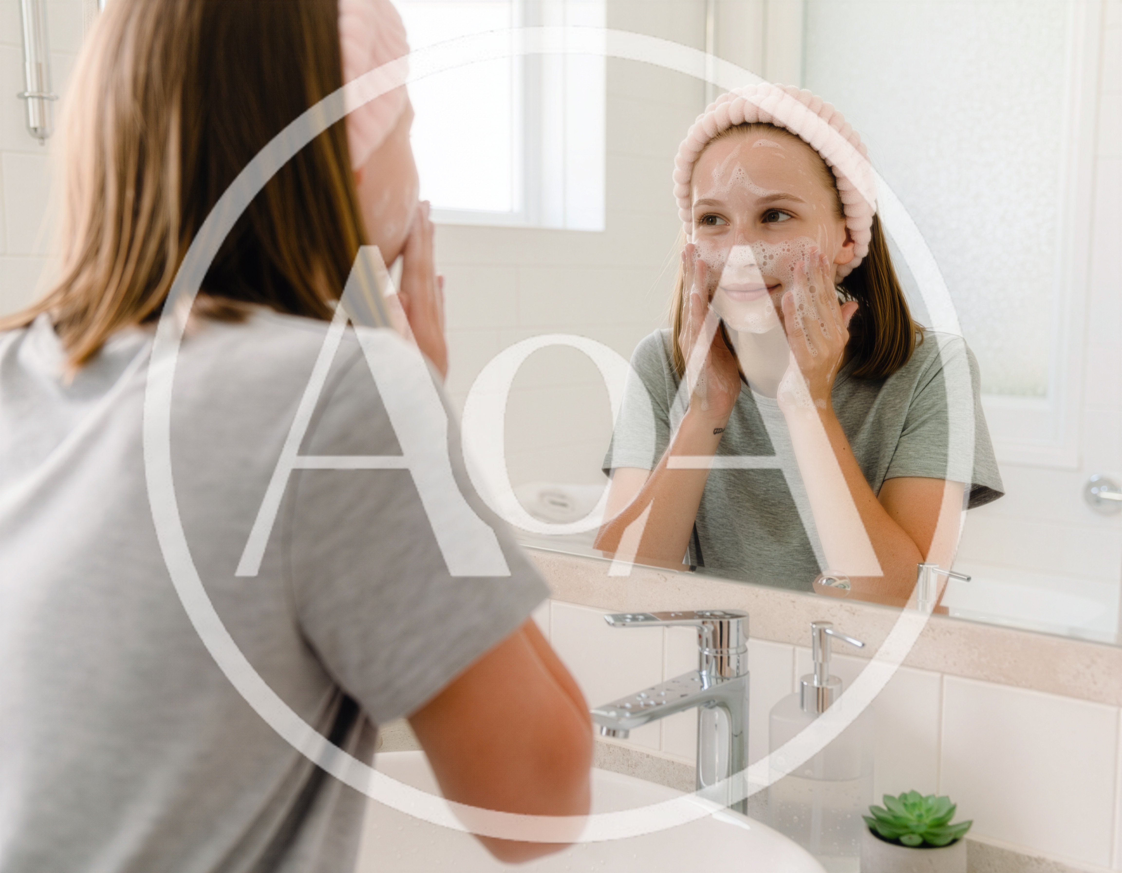Teenage Girl Washing Face With Cleanser In Bathroom Mirror