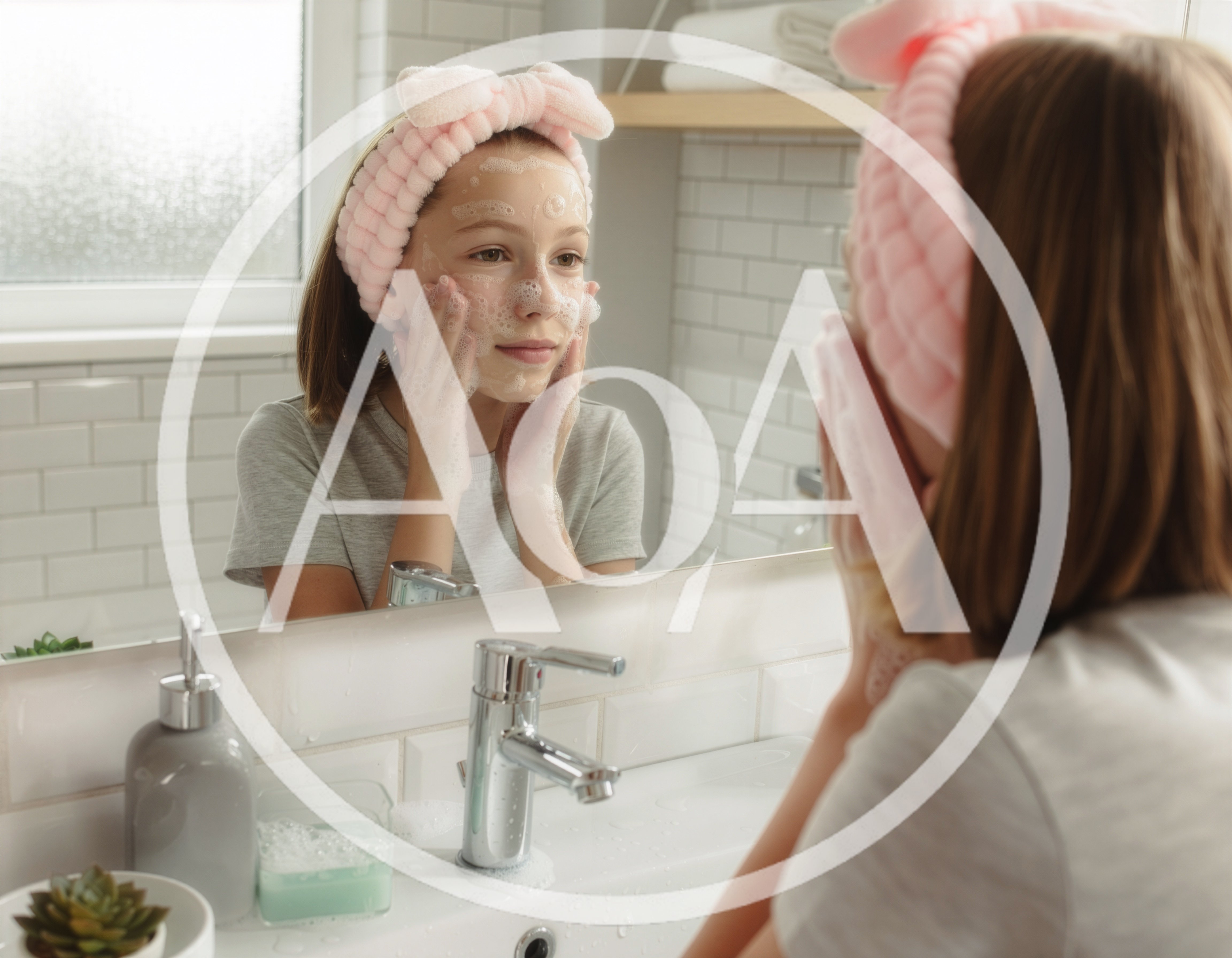 Young Girl Washing Face With Cleanser In Bathroom