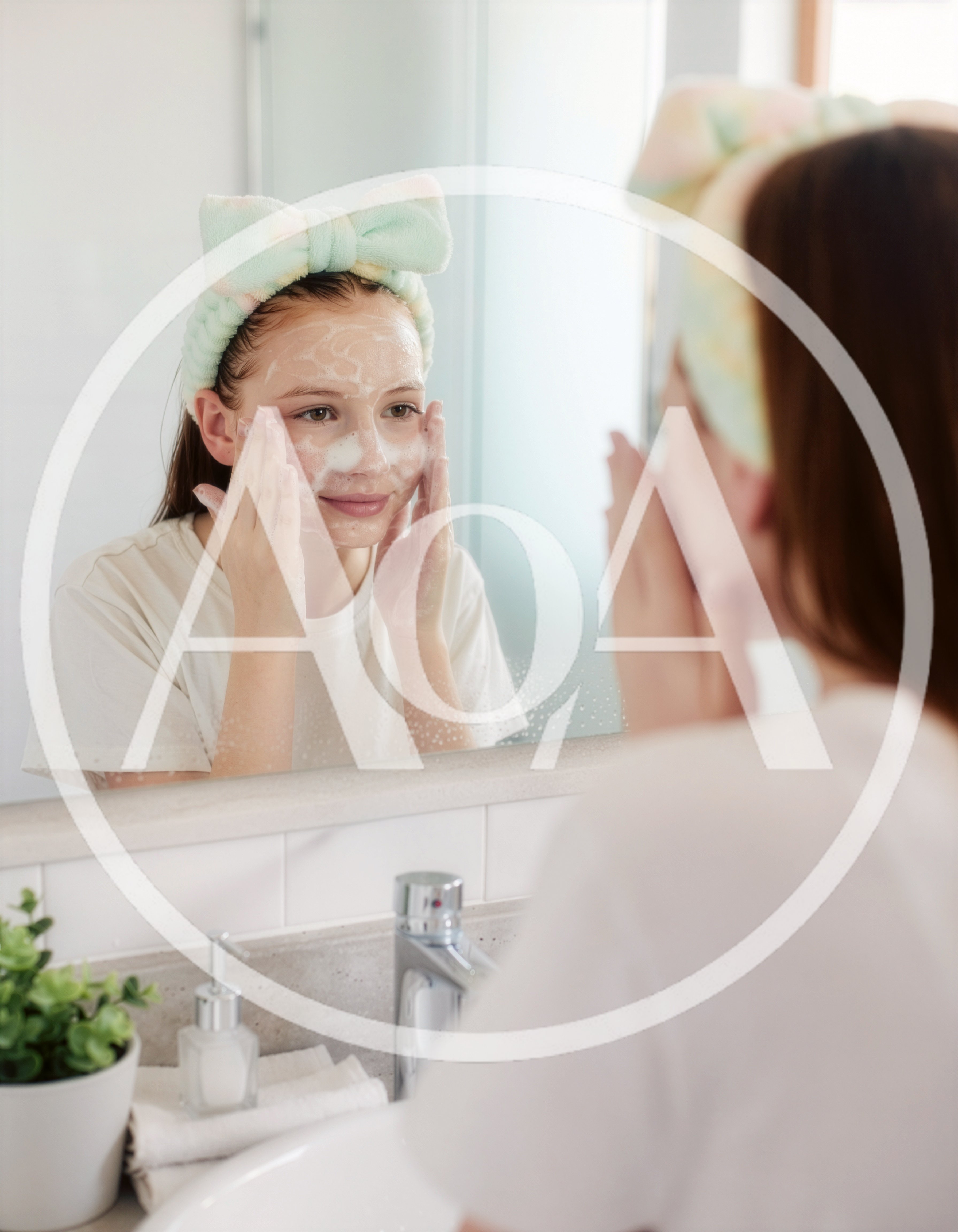 Young Girl Washing Face With Cleanser In Bathroom