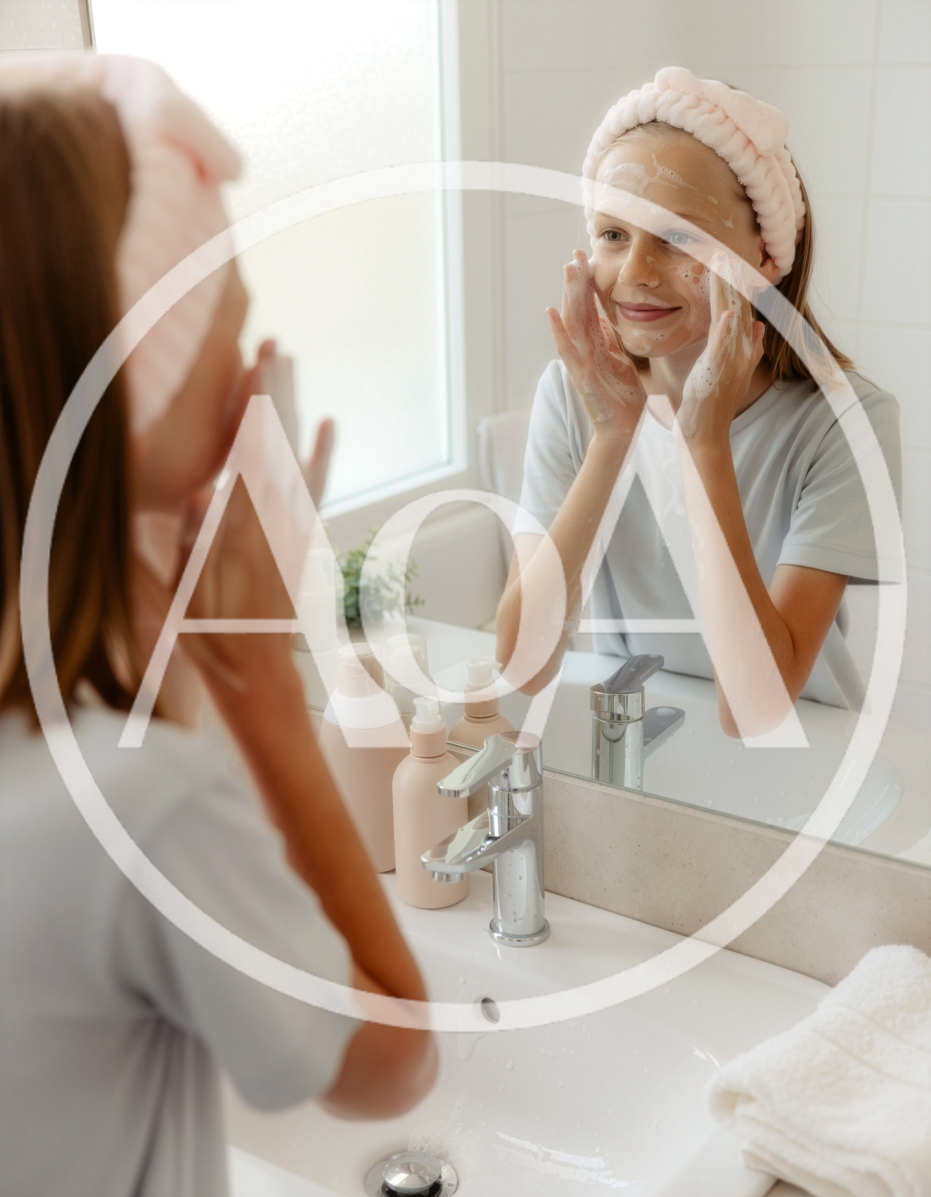 Young Girl Washing Face with Cleanser in Bathroom