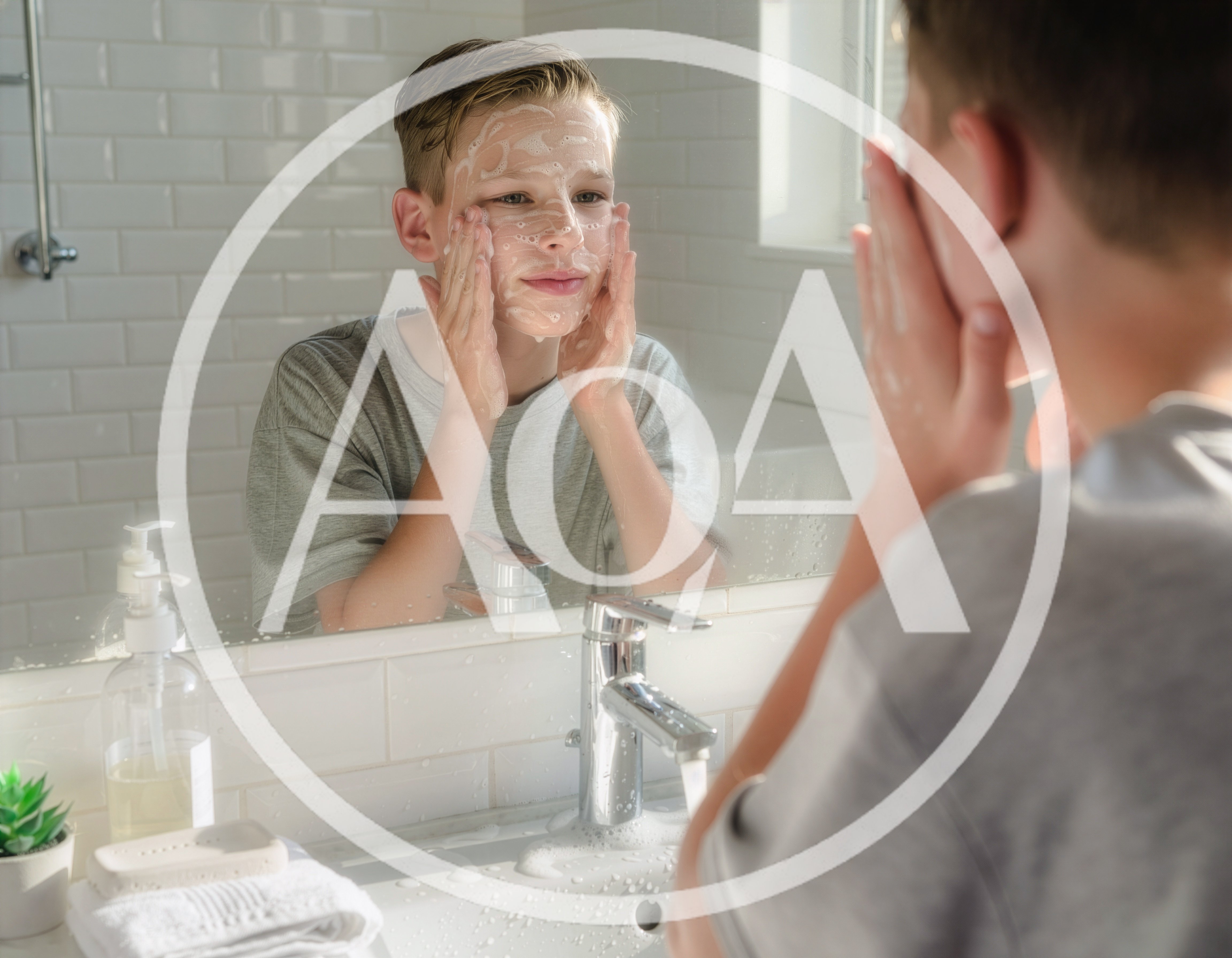 Young Boy Washing Face With Soap In Bathroom Mirror