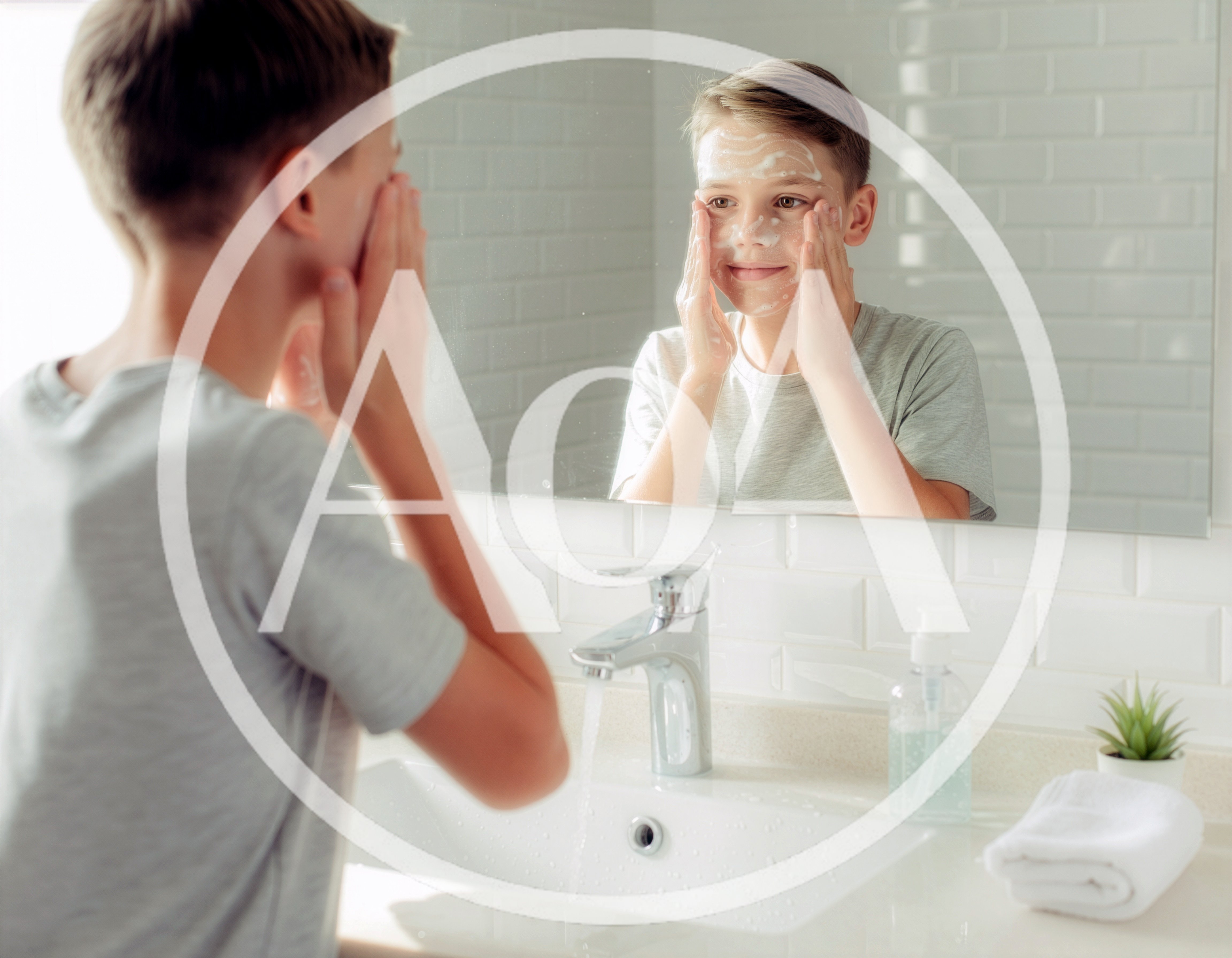Young Boy Washing Face With Soap In Bathroom Mirror