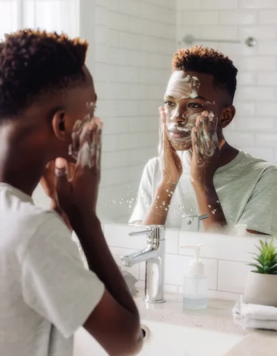 Young Black Man Washing Face In Bathroom Mirror
