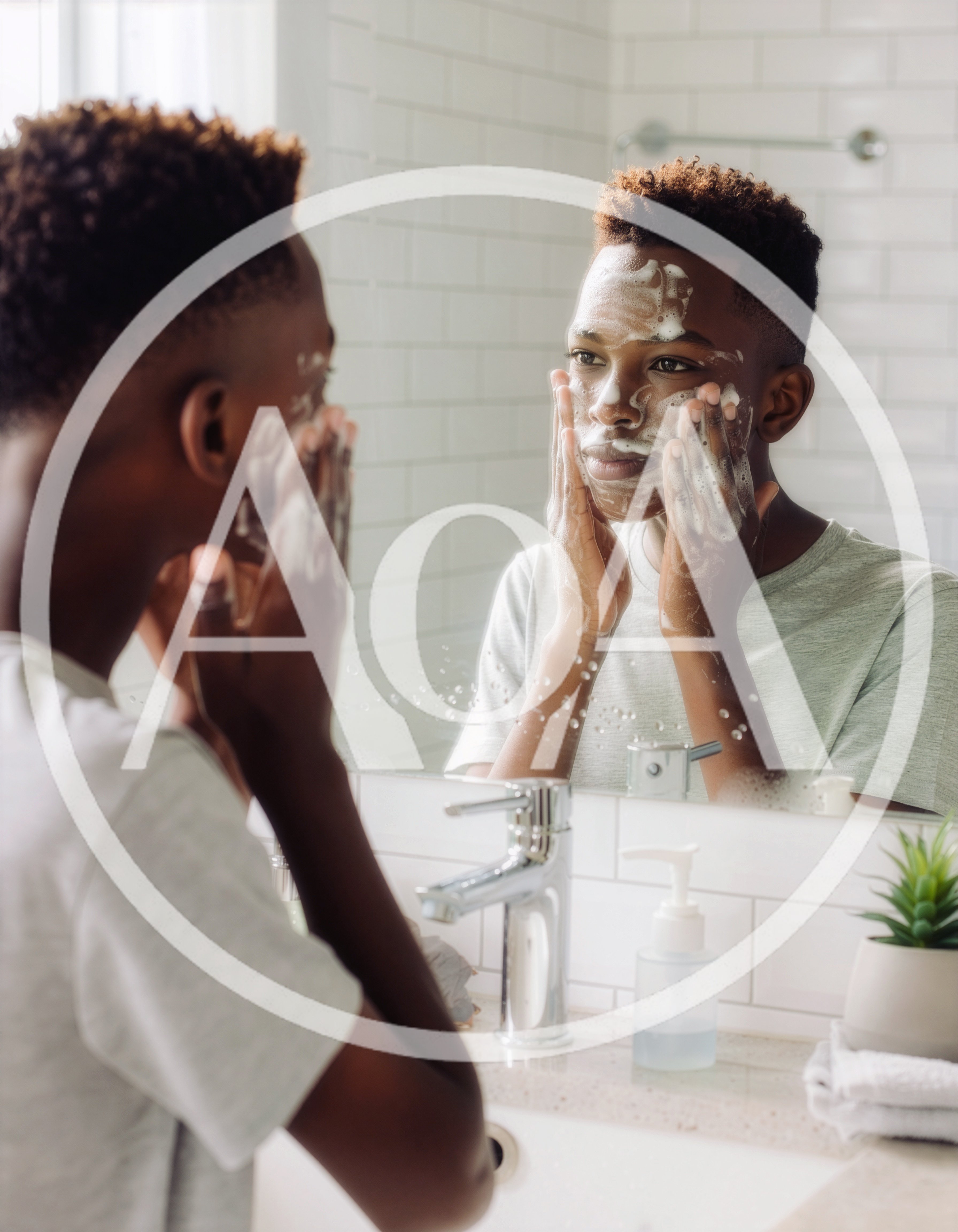 Young Black Man Washing Face In Bathroom Mirror