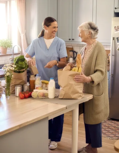 Caregiver Helping Senior Woman Unpack Groceries In Kitchen