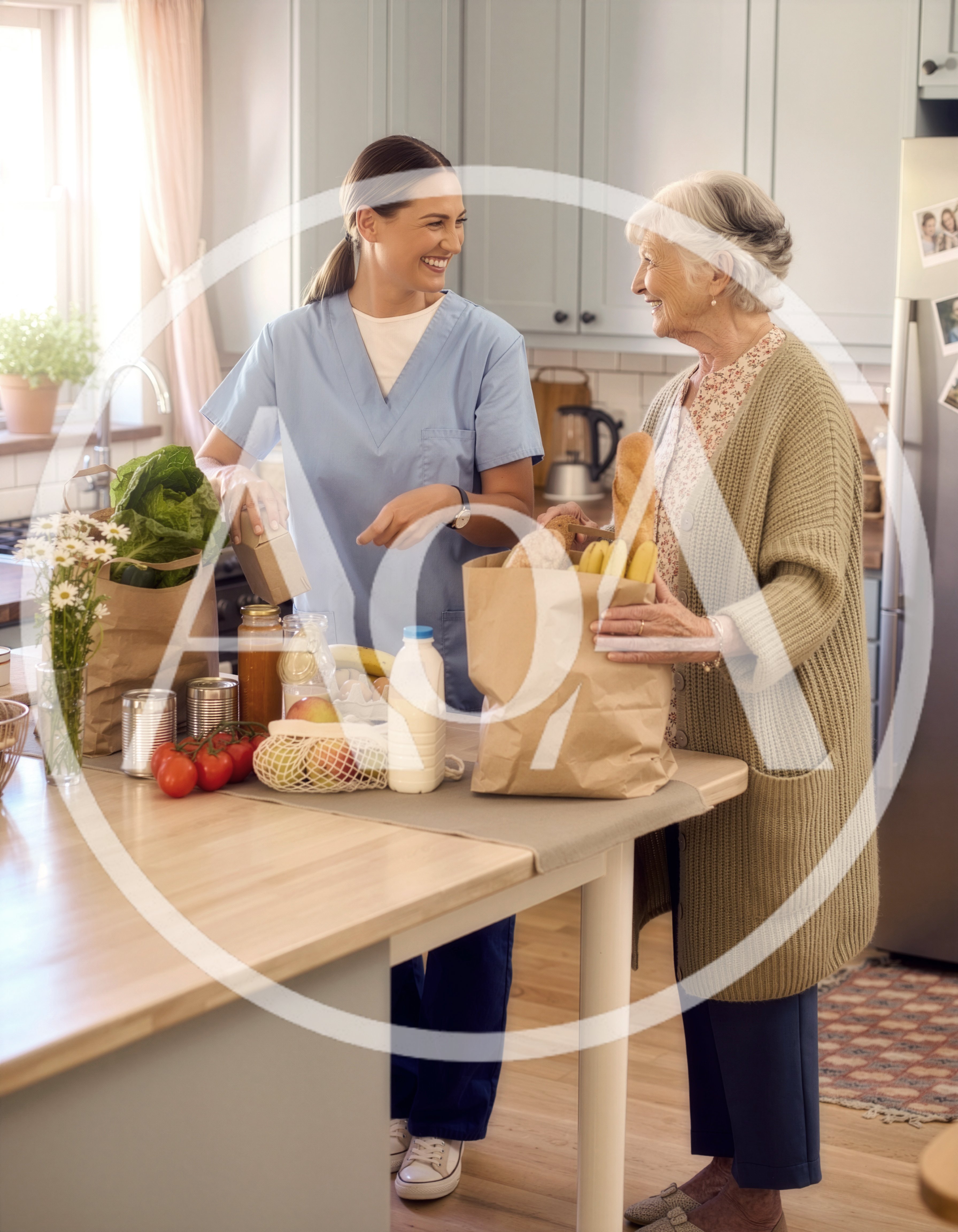 Caregiver Helping Senior Woman Unpack Groceries In Kitchen