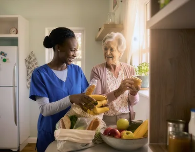 Caregiver Helping Elderly Woman Unpack Groceries