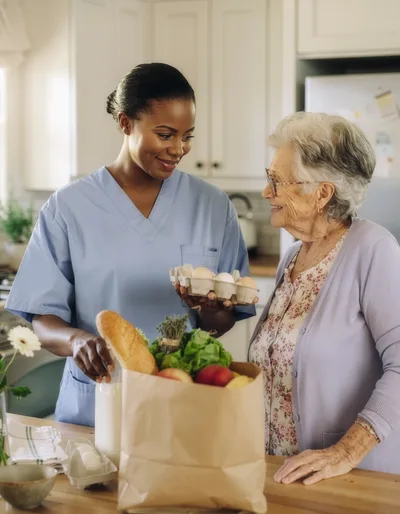Caregiver Assisting Elderly Woman With Groceries In Kitchen