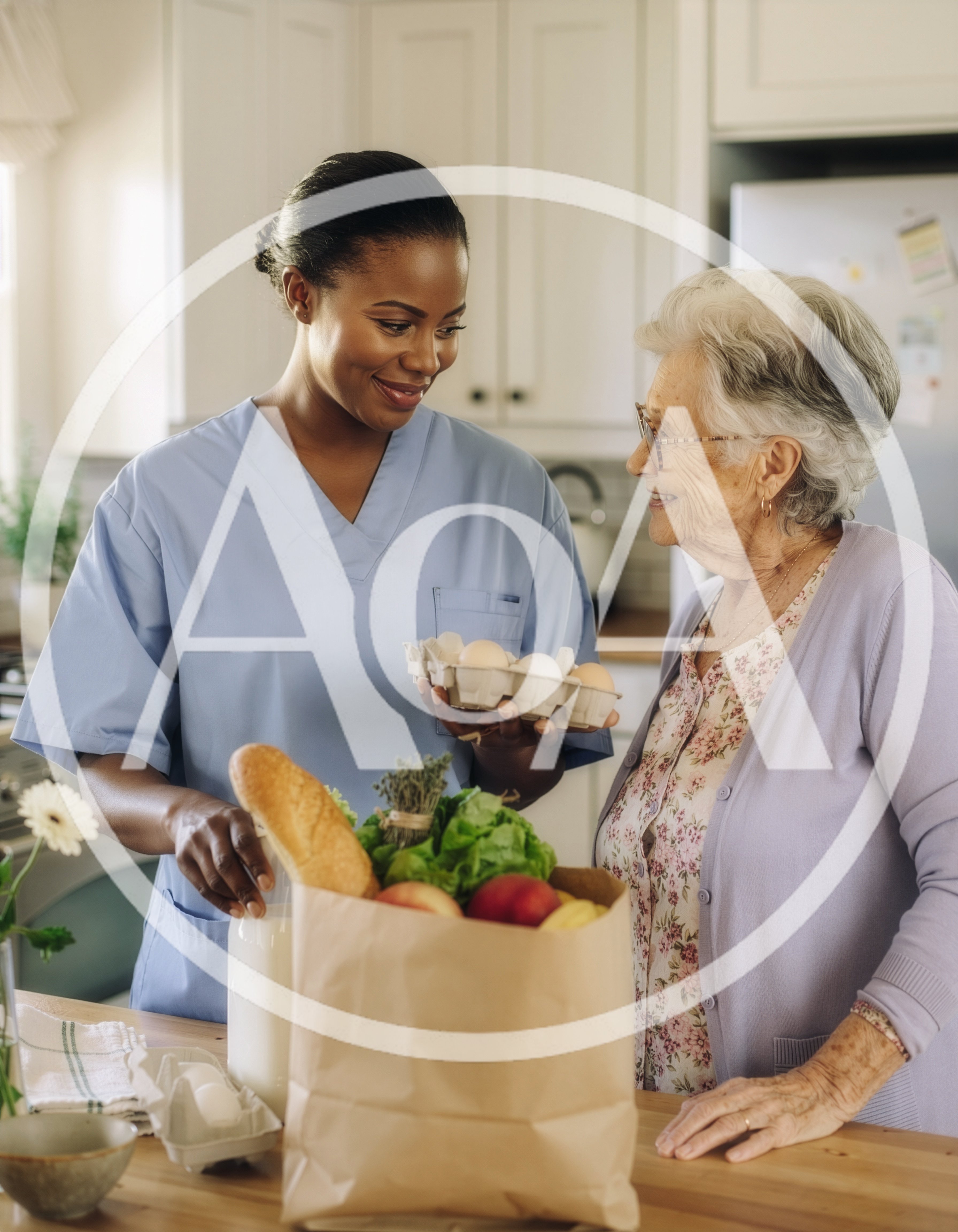 Caregiver Assisting Elderly Woman With Groceries In Kitchen