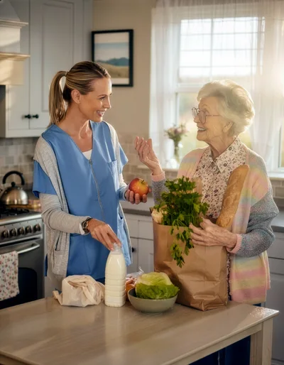 Caregiver Assisting Elderly Woman With Groceries In Kitchen