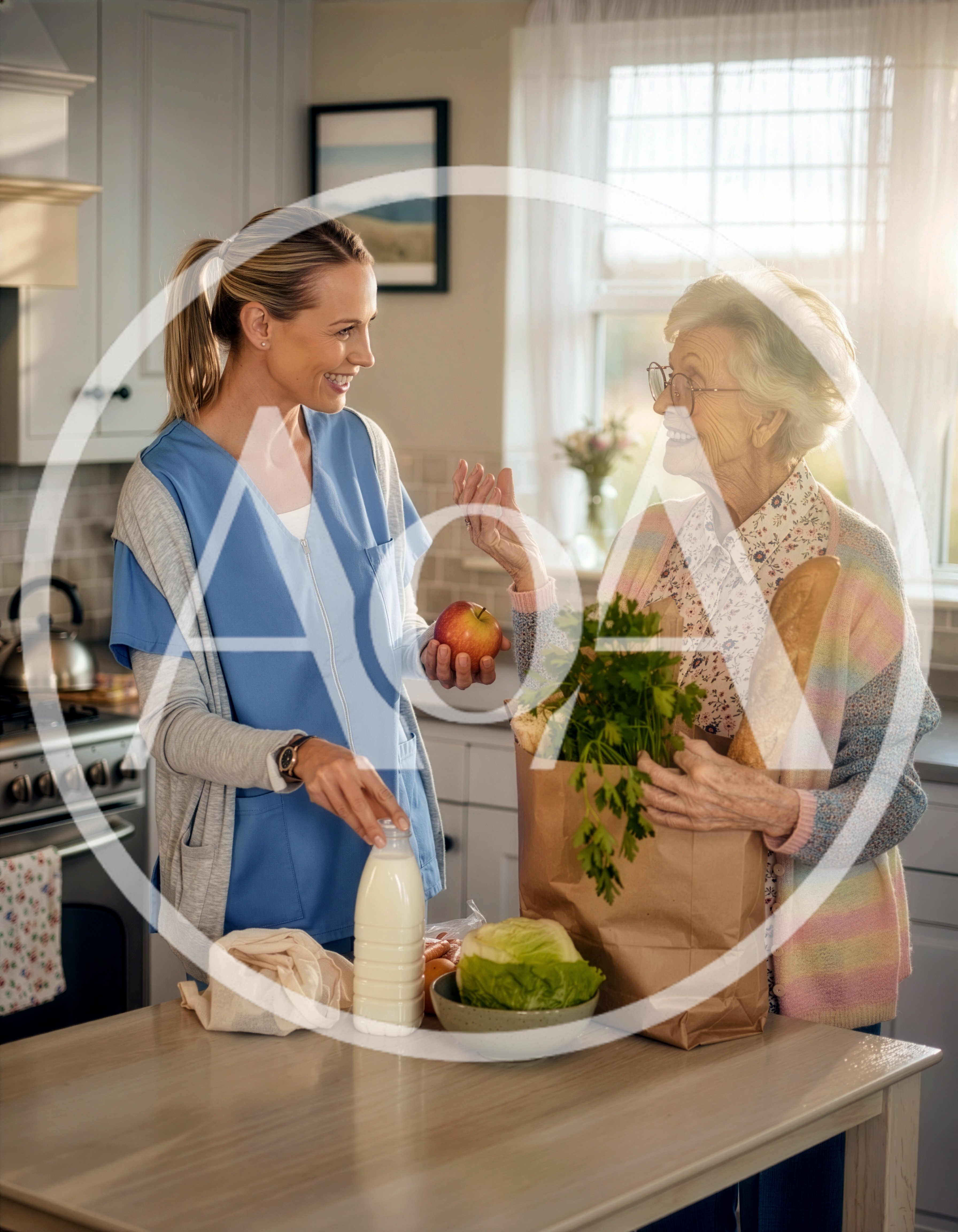 Caregiver Assisting Elderly Woman With Groceries In Kitchen