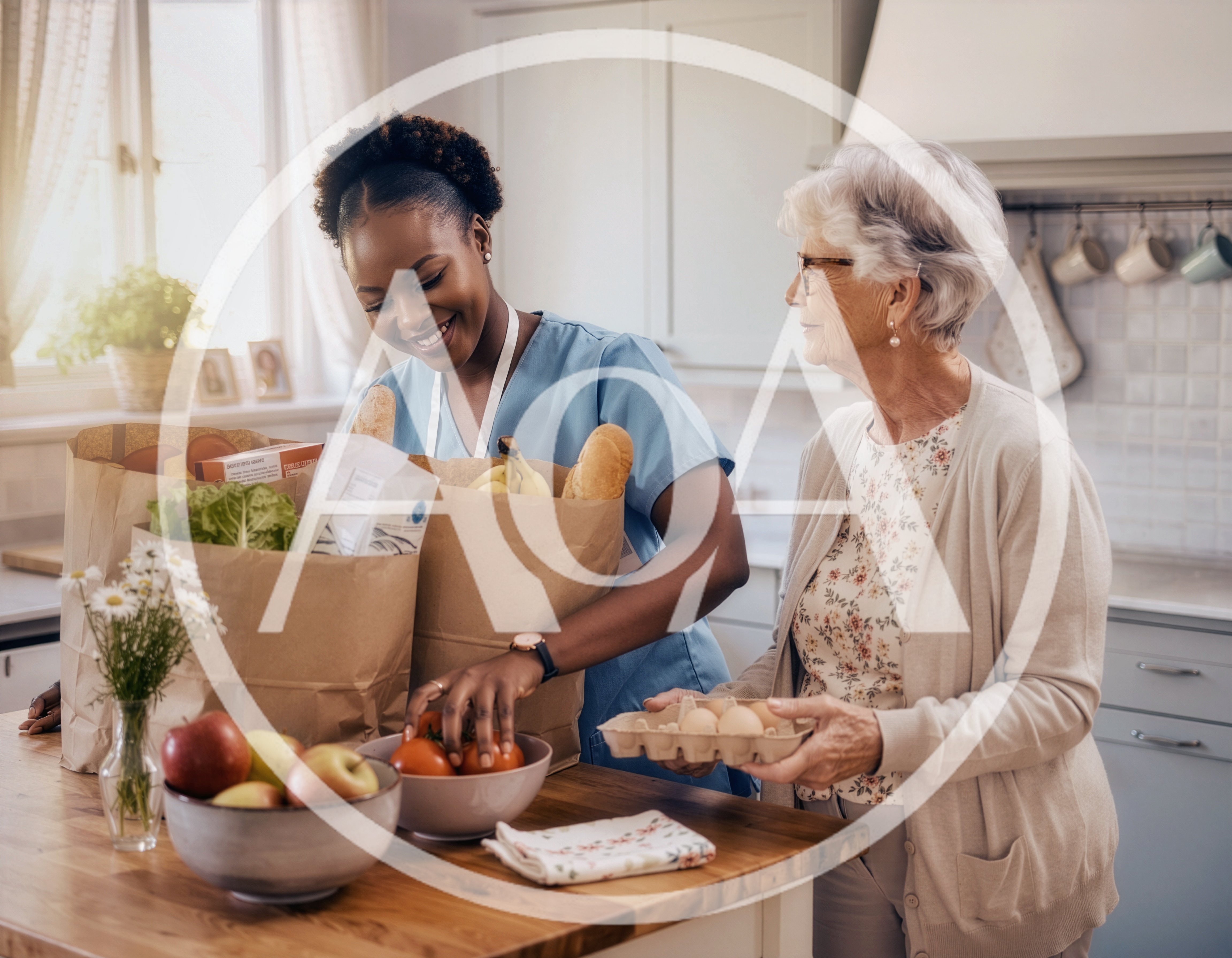 Caregiver Helping Elderly Woman Unpack Groceries In Kitchen