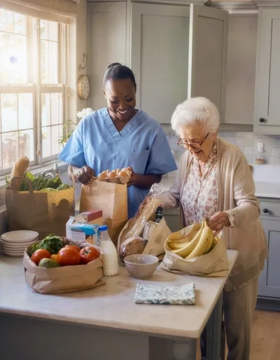 Caregiver Helping Elderly Woman Unpack Groceries In Kitchen