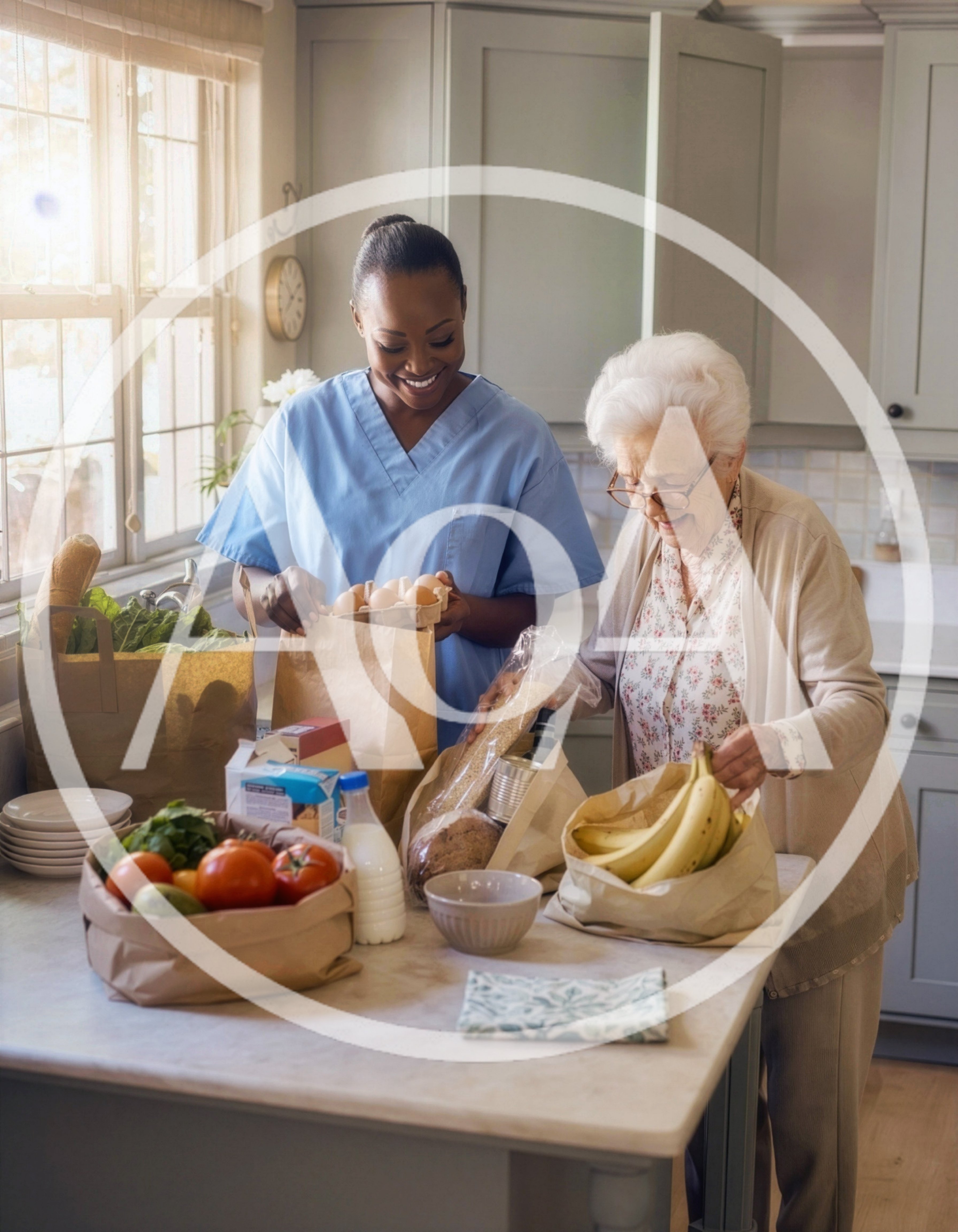 Caregiver Helping Elderly Woman Unpack Groceries In Kitchen